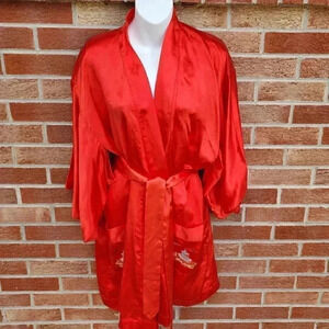 Vintage Longevity Kimono Style Robe with Embroidered Scene Women's Size Large